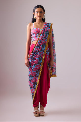 Multicolor kota saree with dhoti pant paired with madras check bralette