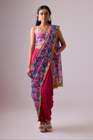 Multicolor kota saree with dhoti pant paired with madras check bralette