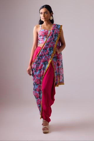 Multicolor kota saree with dhoti pant paired with madras check bralette