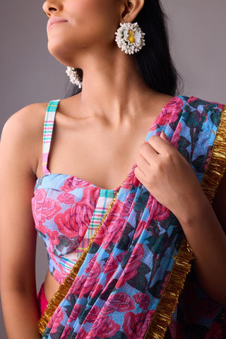 Multicolor kota saree with dhoti pant paired with madras check bralette