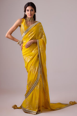 Yellow georgette badal sitara gold foil printed saree with gota blouse