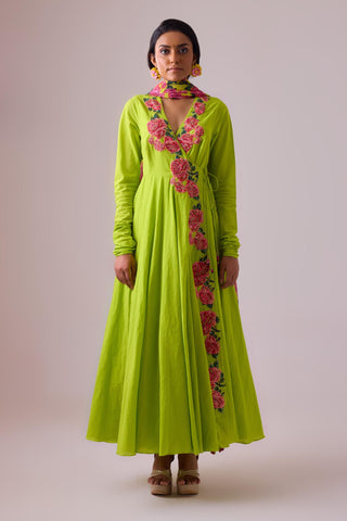 Green kalidar paired with printed dupatta and churidar