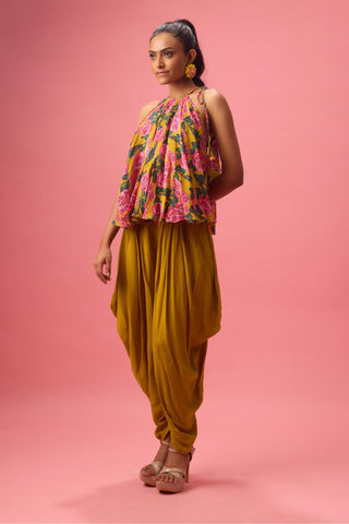 Yellow floral printed top paired with solid dhoti