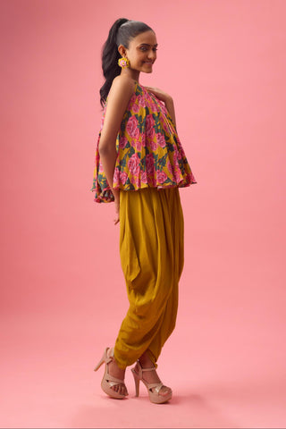 Yellow floral printed top paired with solid dhoti