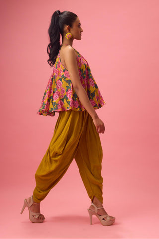 Yellow floral printed top paired with solid dhoti