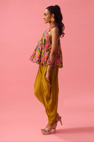 Yellow floral printed top paired with solid dhoti