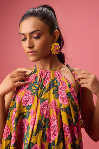 Yellow floral printed top paired with solid dhoti