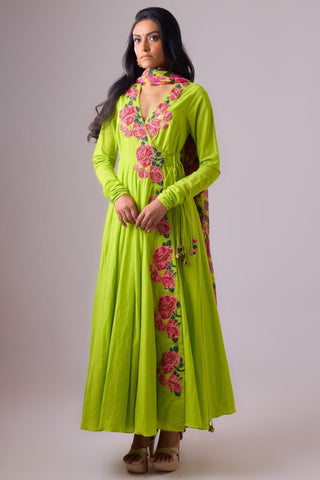 Green kalidar paired with printed dupatta and churidar