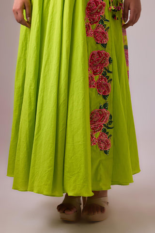 Green kalidar paired with printed dupatta and churidar