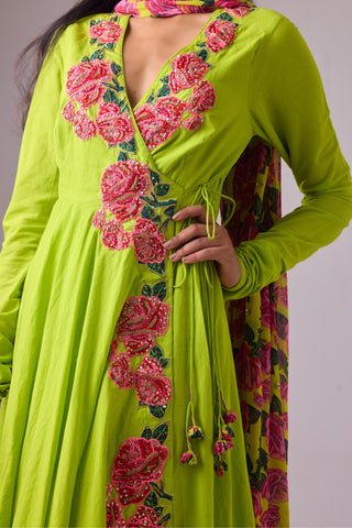 Green kalidar paired with printed dupatta and churidar