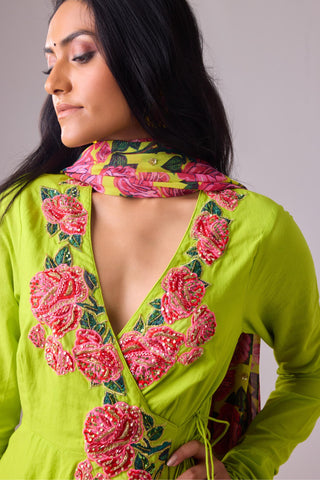 Green kalidar paired with printed dupatta and churidar