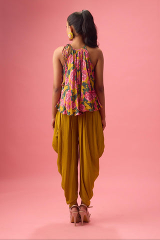 Yellow floral printed top paired with solid dhoti