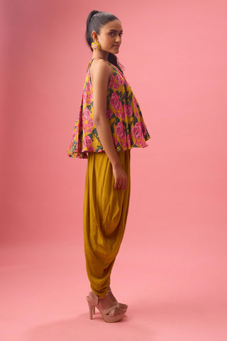 Yellow floral printed top paired with solid dhoti