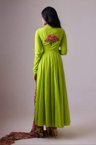 Green kalidar paired with printed dupatta and churidar