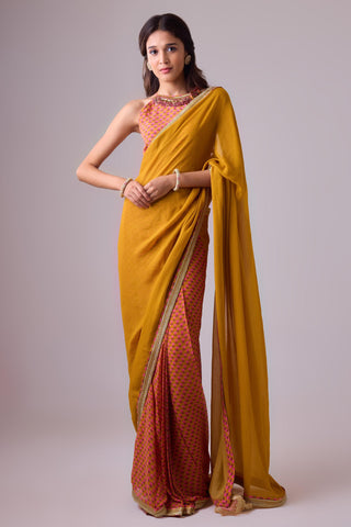 Yellow georgette saree with crepe blouse