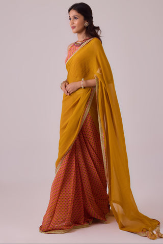 Yellow georgette saree with crepe blouse