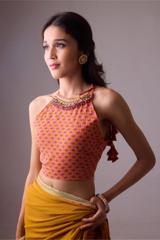 Yellow georgette saree with crepe blouse