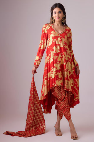 Red long asymmetrical foil printed kurta