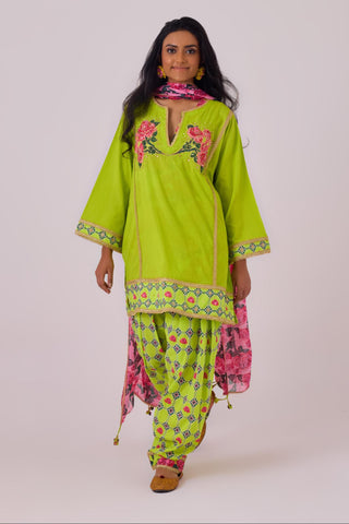 Green cotton solid lime straight rose appilique kurta paired with printed salwar and dupatta