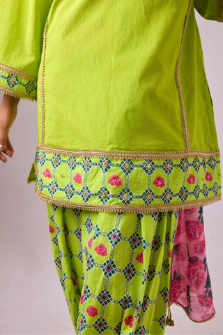 Green cotton solid lime straight rose appilique kurta paired with printed salwar and dupatta