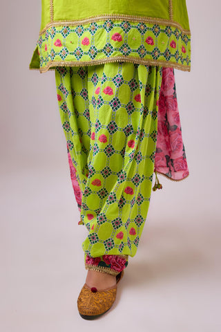 Green cotton solid lime straight rose appilique kurta paired with printed salwar and dupatta