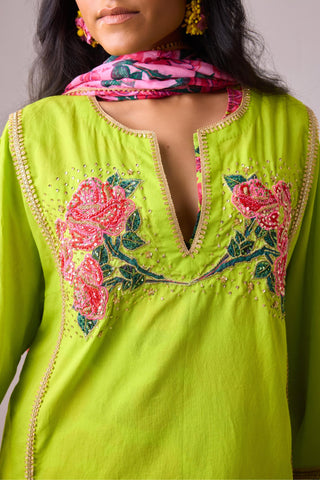 Green cotton solid lime straight rose appilique kurta paired with printed salwar and dupatta