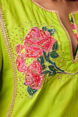 Green cotton solid lime straight rose appilique kurta paired with printed salwar and dupatta