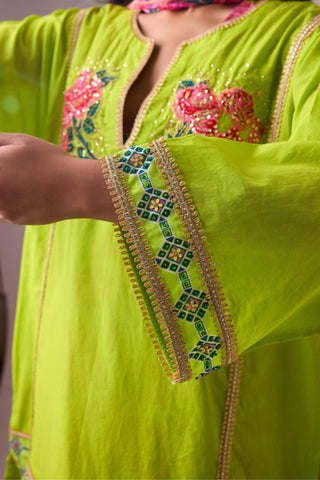 Green cotton solid lime straight rose appilique kurta paired with printed salwar and dupatta