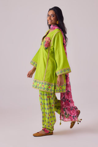 Green cotton solid lime straight rose appilique kurta paired with printed salwar and dupatta