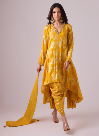 Yellow long asymmetrical foil printed kurta