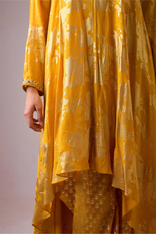 Yellow long asymmetrical foil printed kurta