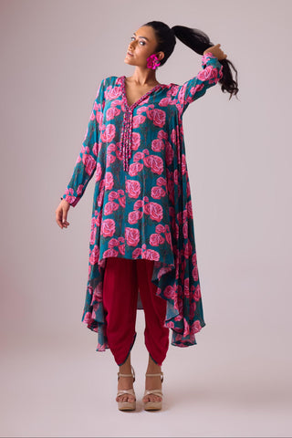 Multicolor printed handwork kurta paired with dhoti