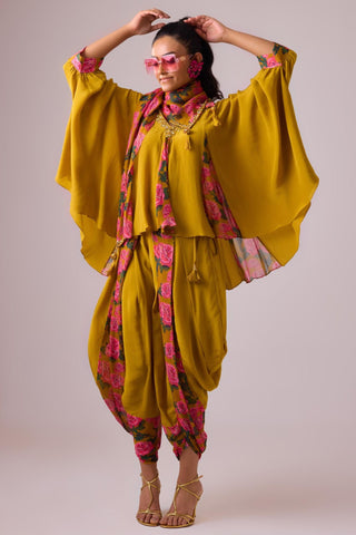 Yellow rose printed with godet kaftan top and dhoti paired with printed dupatta