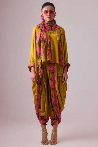 Yellow rose printed with godet kaftan top and dhoti paired with printed dupatta