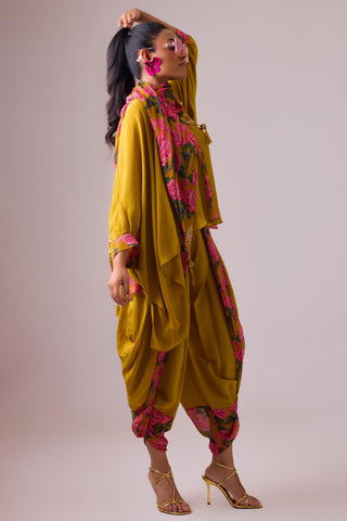 Yellow rose printed with godet kaftan top and dhoti paired with printed dupatta