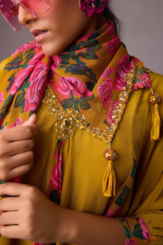 Yellow rose printed with godet kaftan top and dhoti paired with printed dupatta