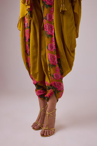 Yellow rose printed with godet kaftan top and dhoti paired with printed dupatta