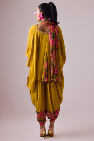 Yellow rose printed with godet kaftan top and dhoti paired with printed dupatta