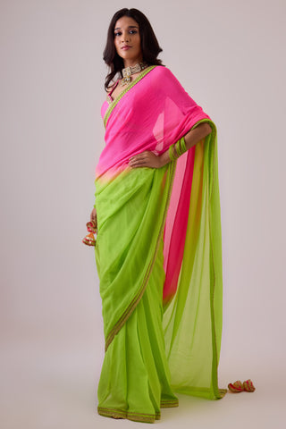 Yellow pure silk chiffon ombre saree and gota borders