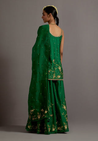 Green jaal embroidered silk short kurta sharara set