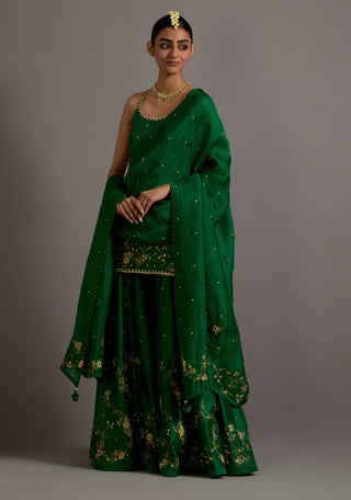 Green jaal embroidered silk short kurta sharara set