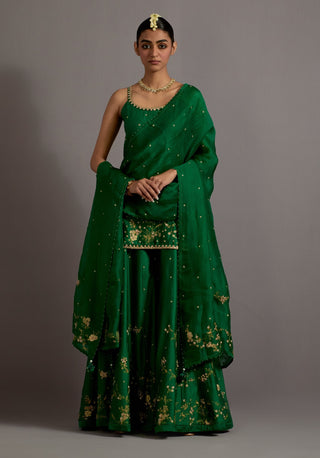 Green jaal embroidered silk short kurta sharara set