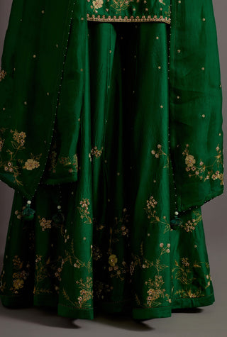 Green jaal embroidered silk short kurta sharara set