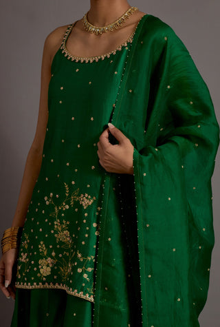 Green jaal embroidered silk short kurta sharara set