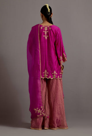 Fuchsia pink embroidered short kurta and sharara set