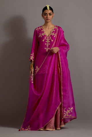 Fuchsia pink embroidered short kurta and sharara set