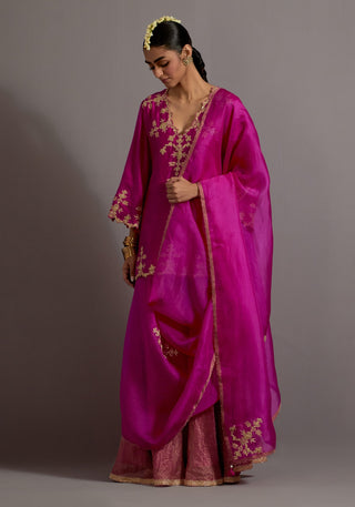 Fuchsia pink embroidered short kurta and sharara set