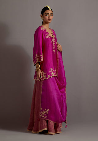 Fuchsia pink embroidered short kurta and sharara set