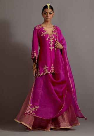 Fuchsia pink embroidered short kurta and sharara set