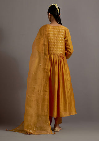 Mustard yellow embroidered back pleated kurta set